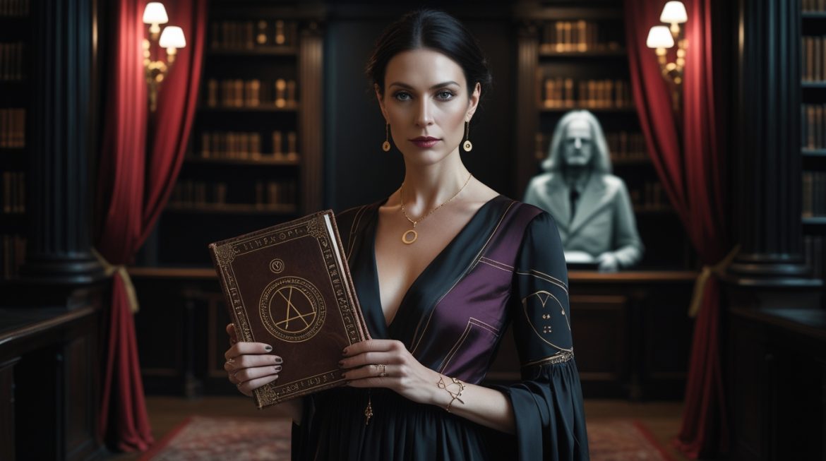 Женщина-лидер оккультного ордена О.Т.О. в церемониальном зале с алтарём и мистическими символами