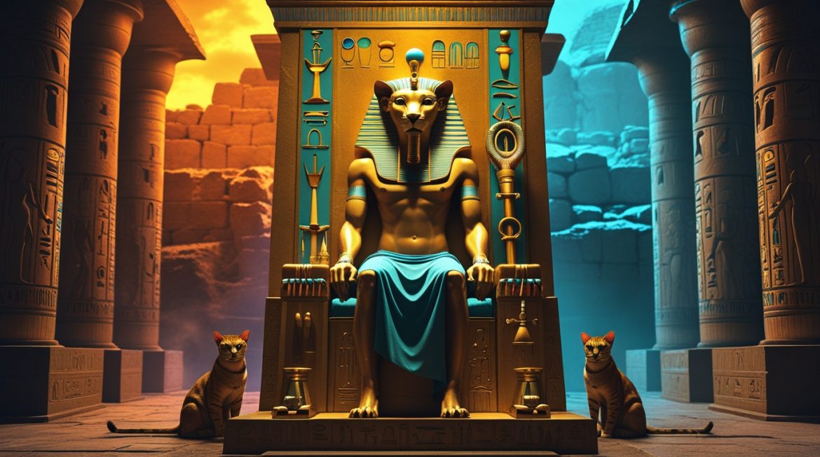 Сехмет богиня-львица Древнего Египта с солнечным диском и анхом на рассвете в пустыне