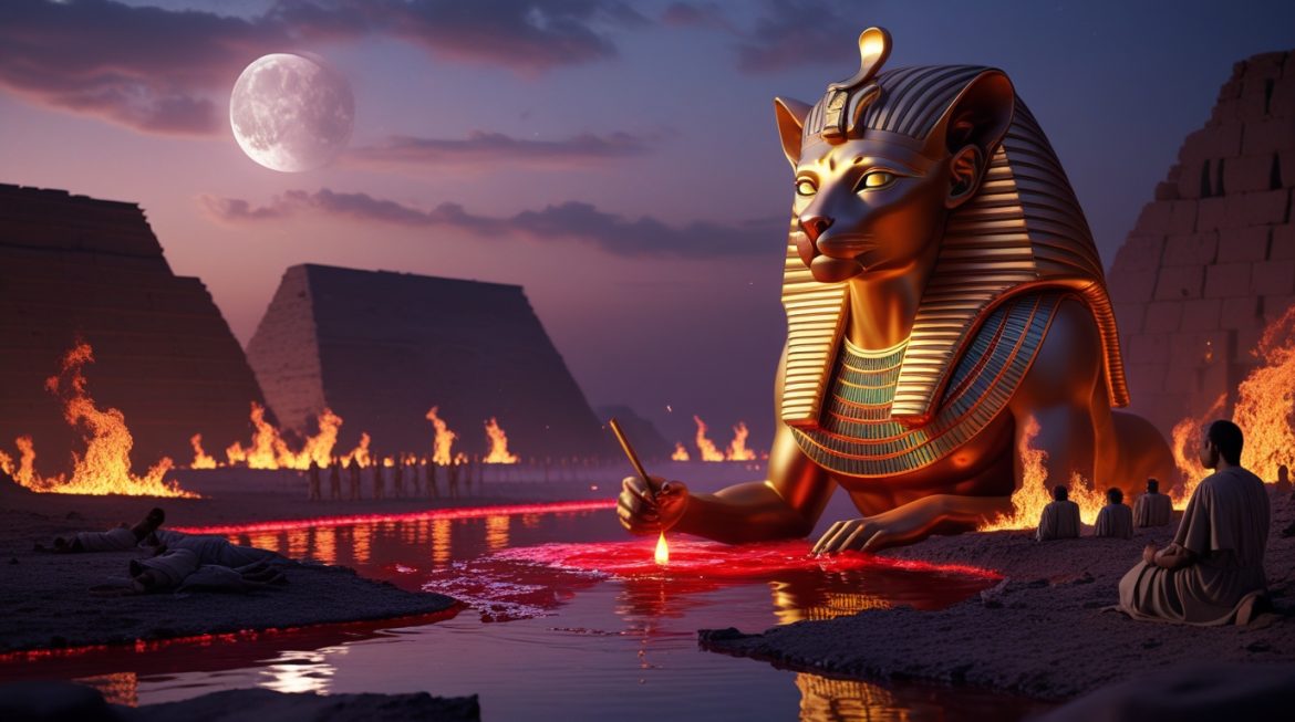 Богиня Сехмет — египетская богиня-львица, символ огня, гнева и исцеления в пустыне на закате