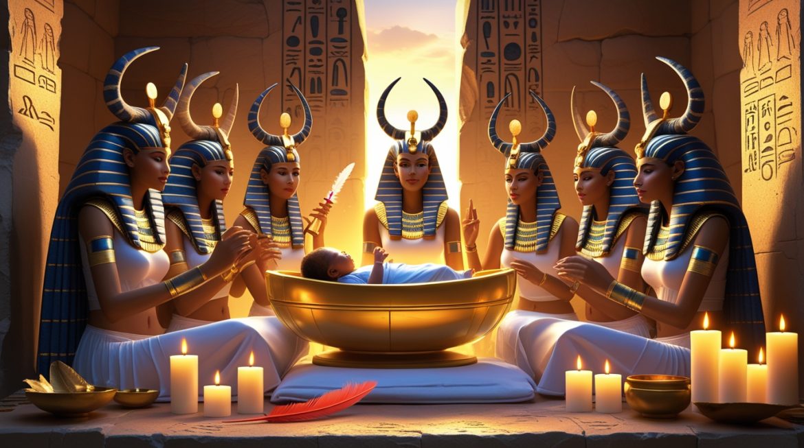 Sem Hathore bogini sudby drevnego Egipta vozle kolybeli novorozhdennogo