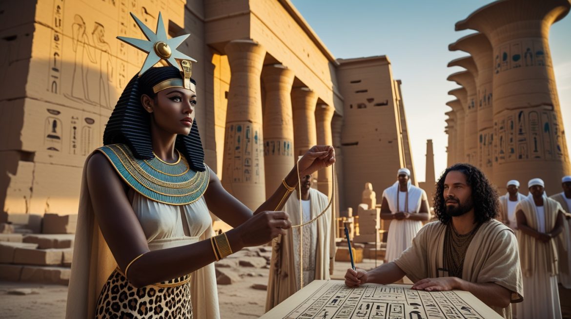 Богиня Сешат в звёздной библиотеке с пальмовой ветвью и тростниковой палочкой