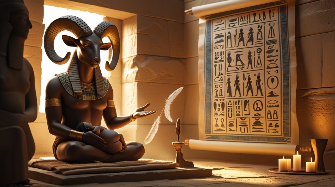 Шаи — египетский бог судьбы с свитком предначертания в Зале Двух Истин