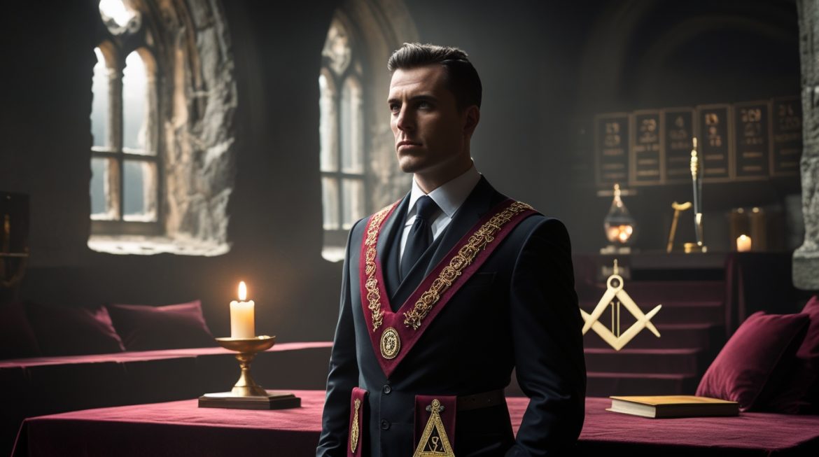 масонский храм с символикой Шотландского ритуса — двуглавый орёл, звёзды и треугольник