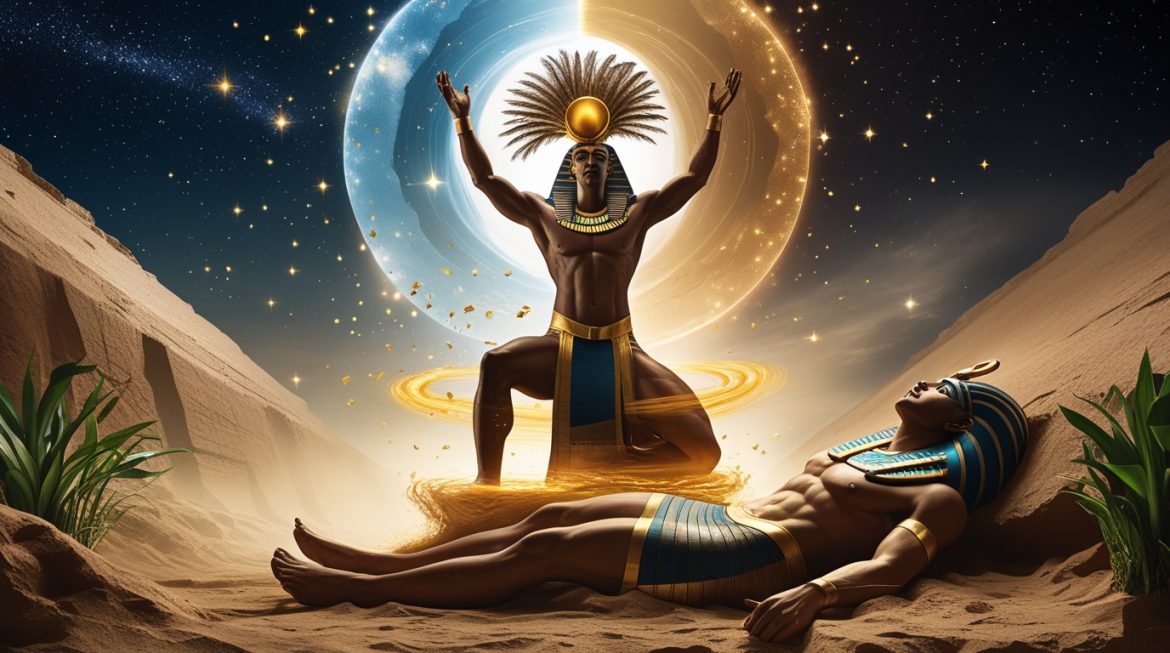 Шу — египетский бог воздуха поднимает небосвод, разделяя Нут и Геба, символ воздушной стихии и порядка