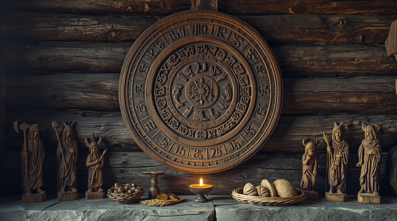 Славянский языческий календарь с праздниками, фазами луны и колесом Сварога