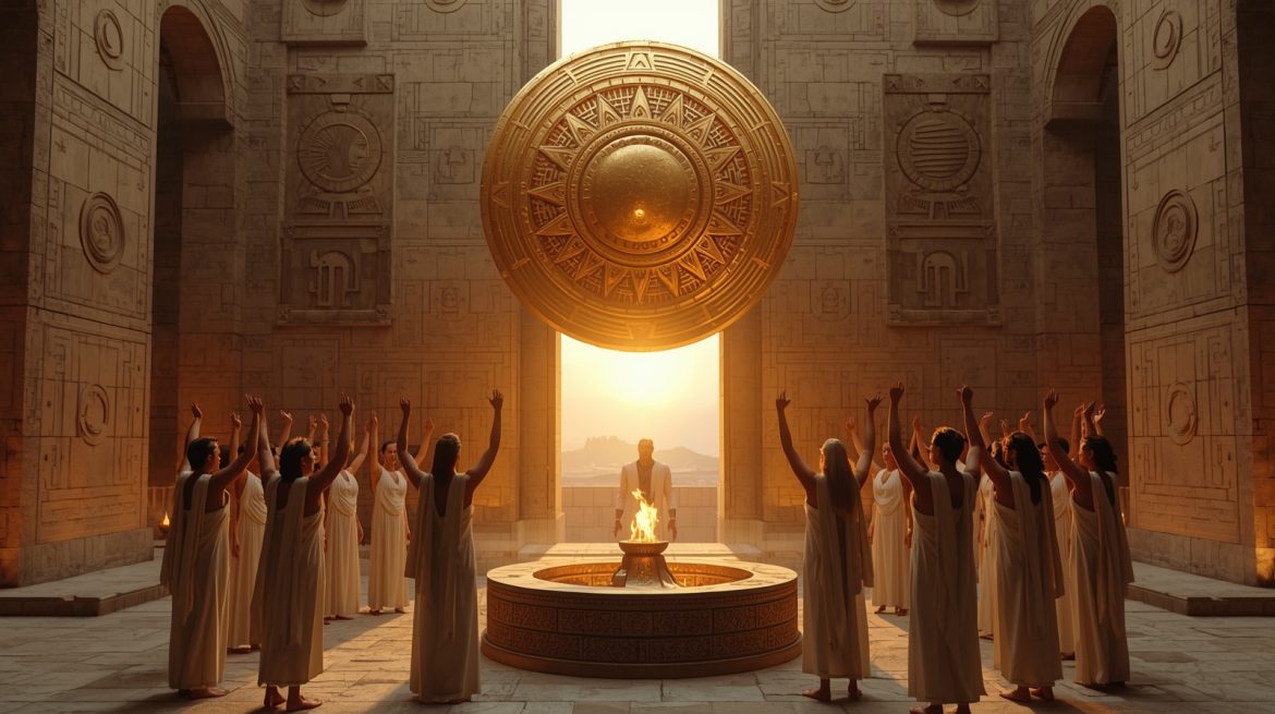 Солярный храм Атлантиды с золотым алтарным огнём в лучах восходящего Солнца — символ солнечного культа древних цивилизаций