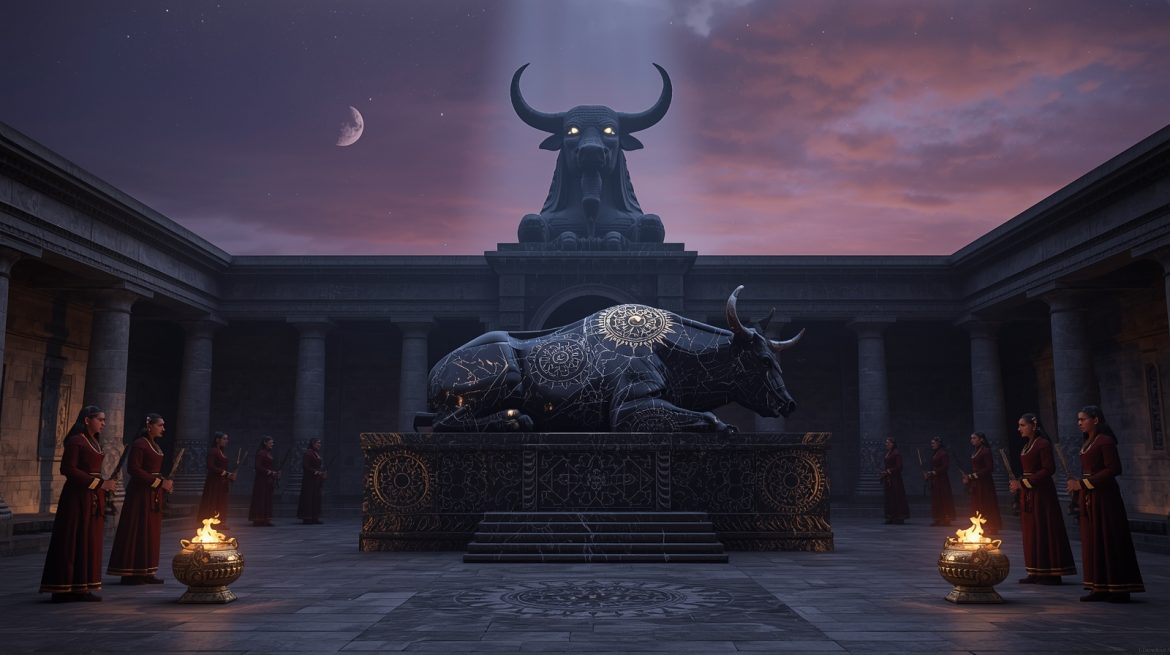 Священный бык Атлантиды в ритуальной арене, символ жертвоприношения и закона утраченной цивилизации