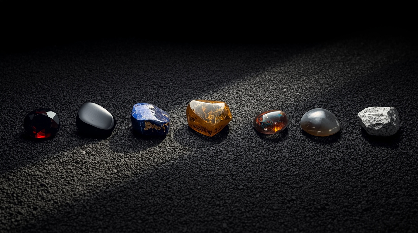 Камни силы и удачи для мужчин — обсидиан, тигровый глаз, рубин, лазурит на тёмном фоне