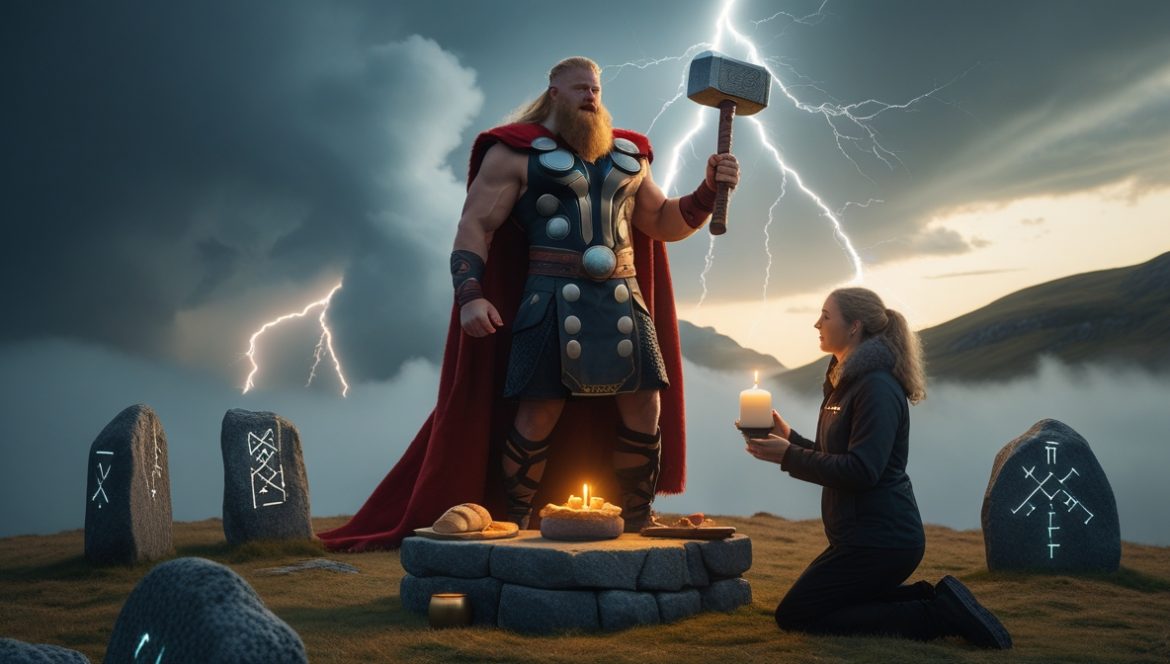 Тор — скандинавский бог грома с молотом Мьёльнир на фоне грозового неба
