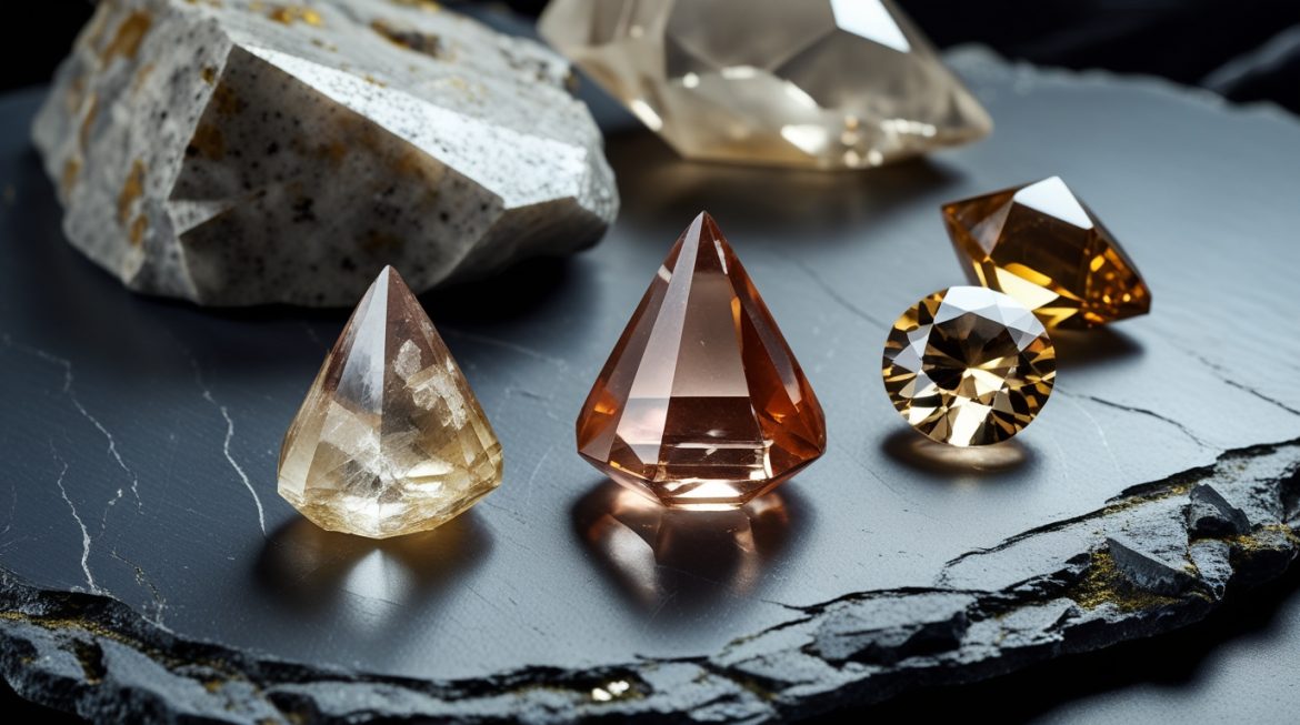 Природные цирконы разных цветов — голубой, жёлтый, оранжевый гиацинт и бесцветный циркон на тёмном фоне