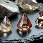 Природные цирконы разных цветов — голубой, жёлтый, оранжевый гиацинт и бесцветный циркон на тёмном фоне