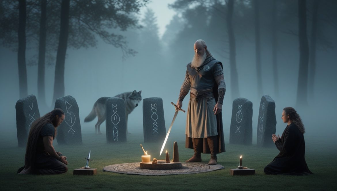 Тюр — однорукий скандинавский бог справедливости и войны у северного фьорда с руной Тейваз