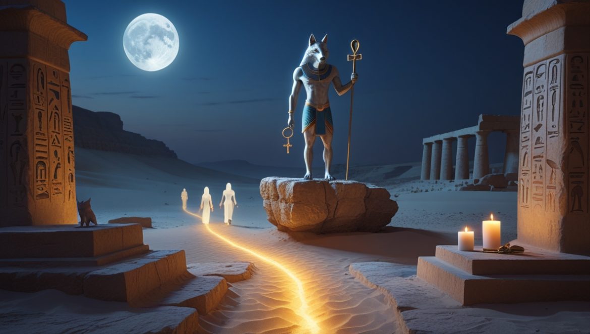 Уепуаут открыватель путей серый шакал у входа в Дуат рассвет египетская мифология