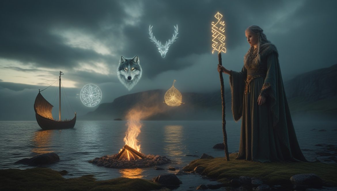 Вёльва — скандинавская прорицательница с посохом на фоне северного сияния, ритуал сейдра