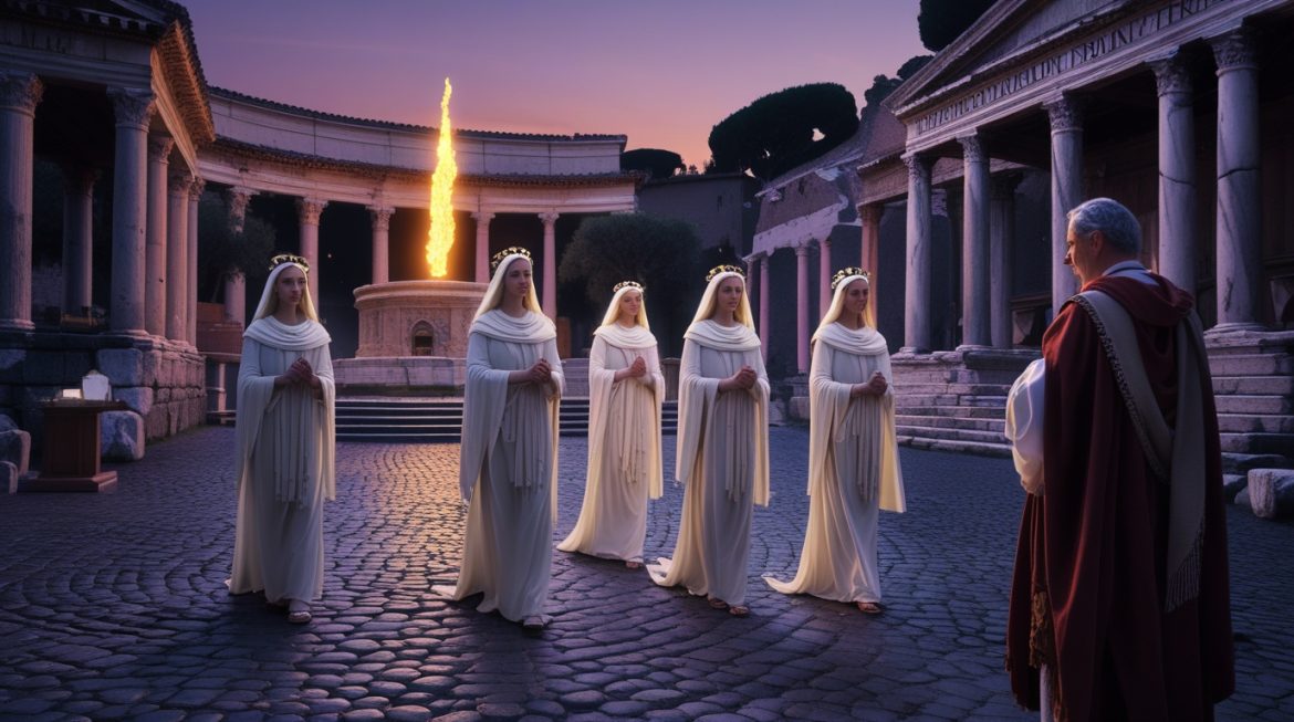 весталка у священного огня в храме Весты в Древнем Риме