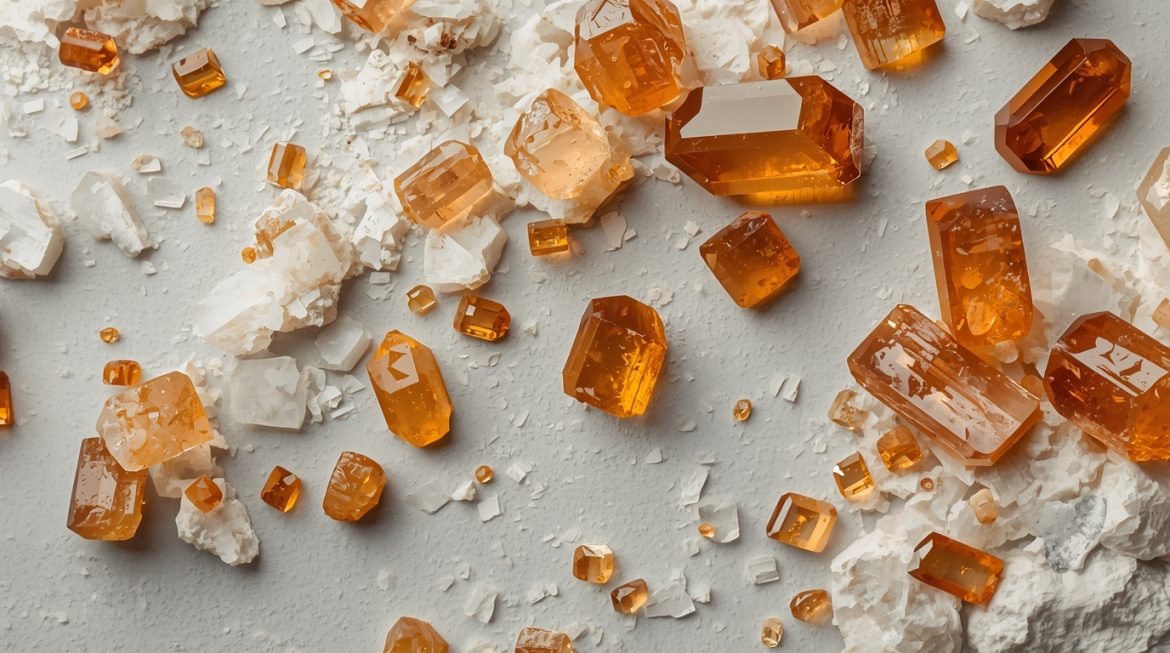 Кристаллы вульфенита — тонкотаблитчатые оранжевые пластинки на матрице с адамантиновым блеском