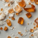 Кристаллы вульфенита — тонкотаблитчатые оранжевые пластинки на матрице с адамантиновым блеском