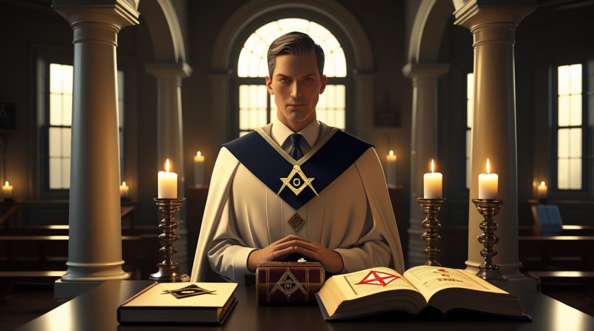 Масон Йоркского ритуса в белом фартуке с красным крестом у арки Храма Соломона — символика масонских градусов и рыцарей-тамплиеров