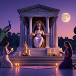 Юнона — царица римских богов с павлином в античном храме, богиня брака и покровительница женщин