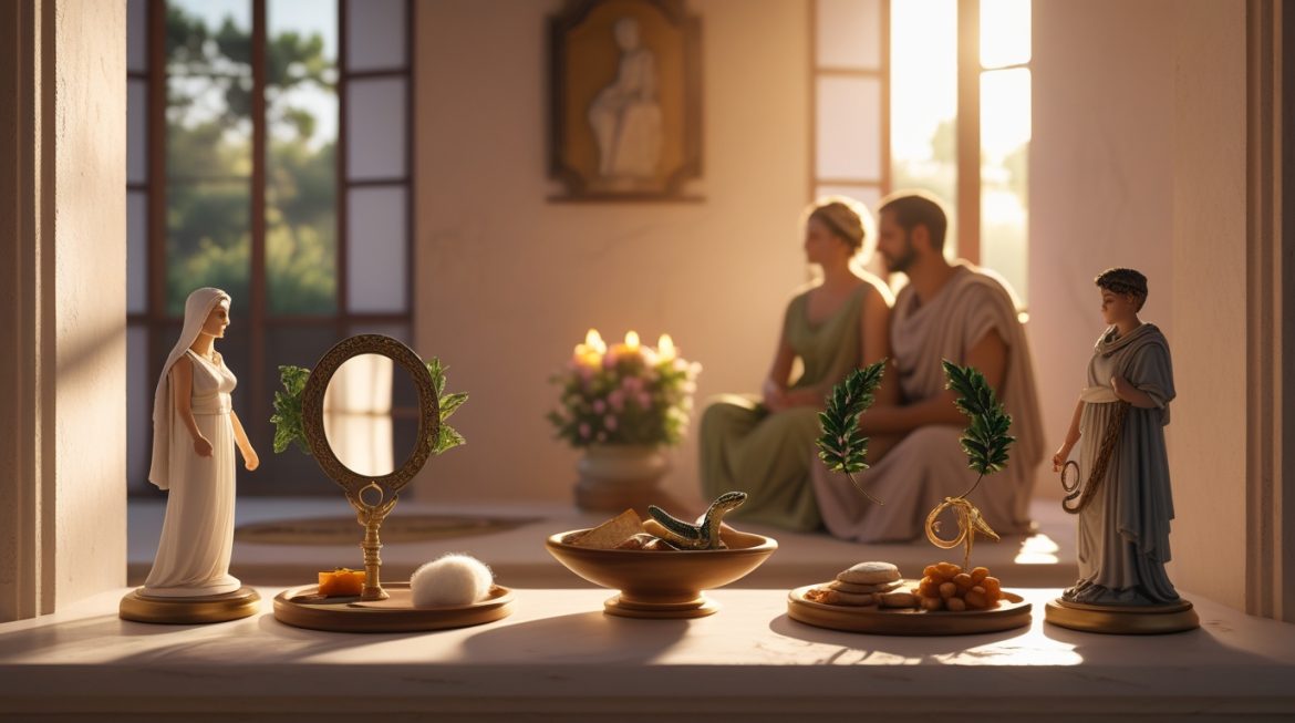 Домашний алтарь ларарий с изображениями Гения и Юноны, свечи и подношения в римском стиле