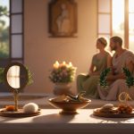 Домашний алтарь ларарий с изображениями Гения и Юноны, свечи и подношения в римском стиле