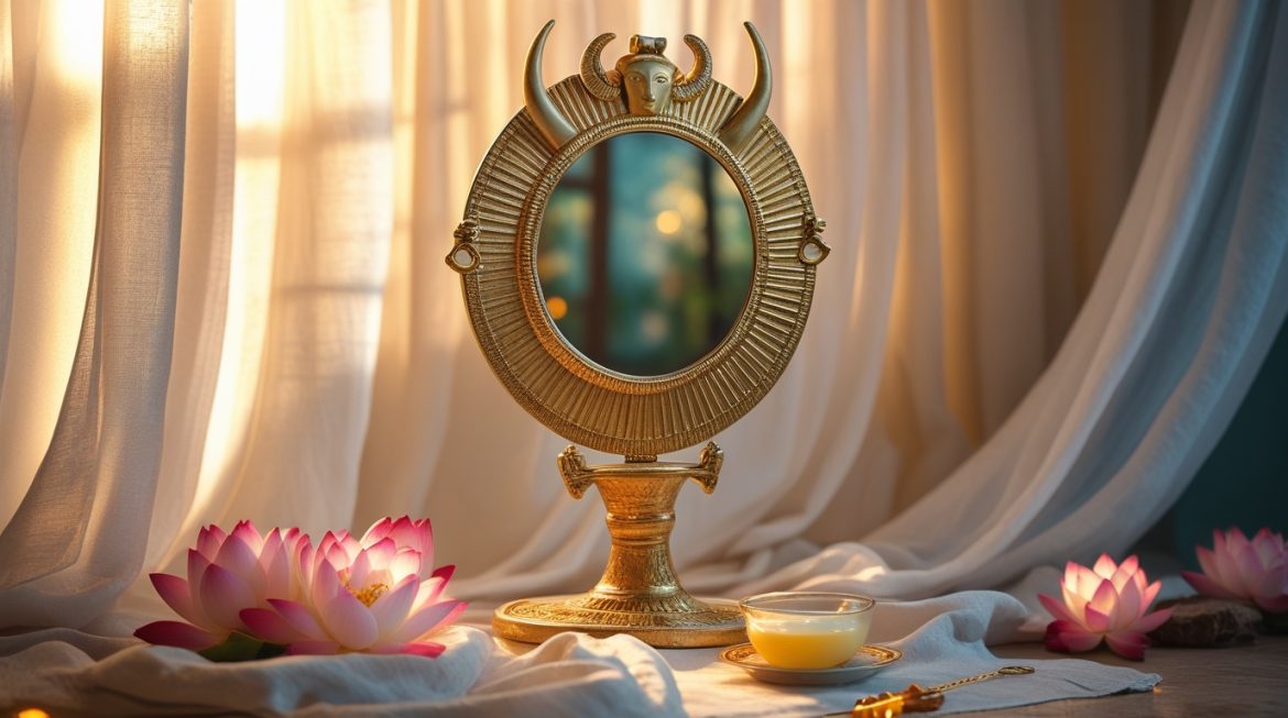 Зеркало Хатхор — женщина смотрит в священное египетское зеркало богини красоты