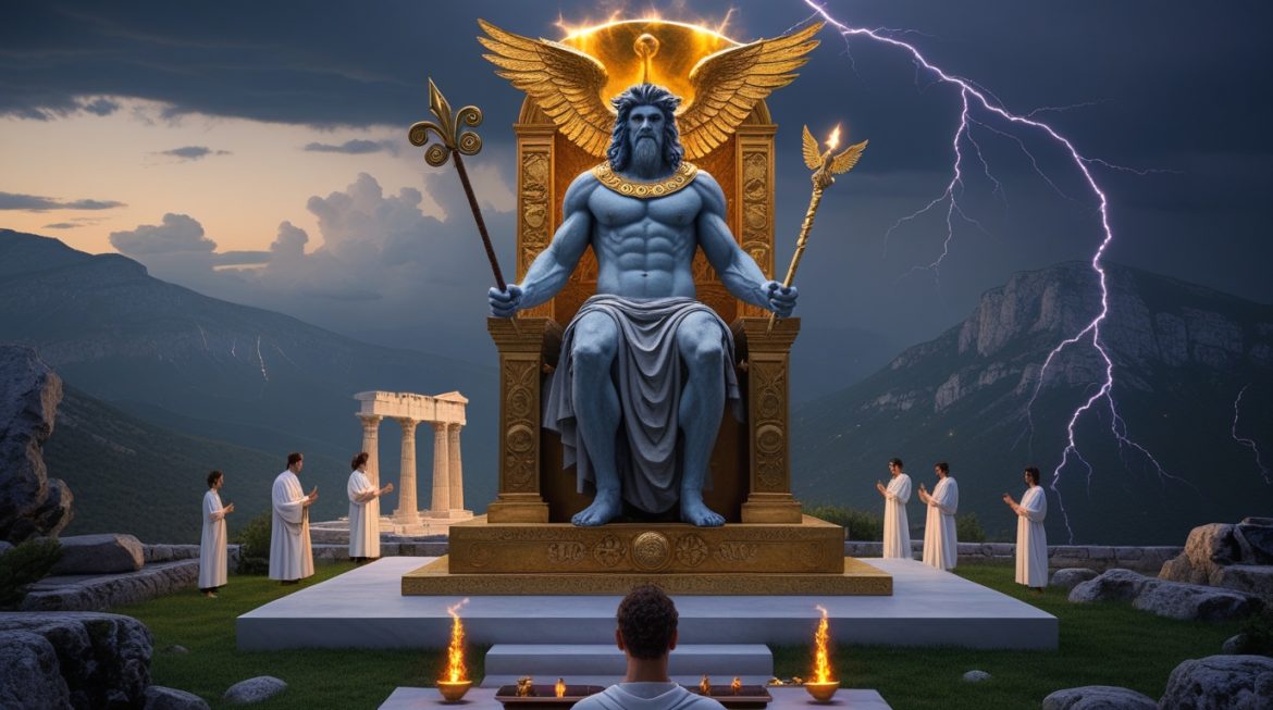 Зевс громовержец на Олимпе с молнией и орлом — греческая мифология