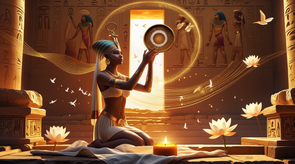 Жрица Хатхор с систром в египетском храме — ритуал музыкальной магии богини любви