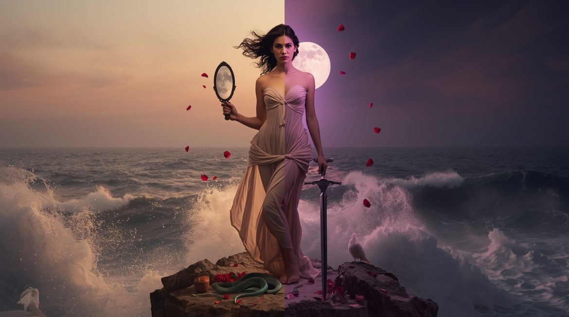 Афродита — богиня любви и красоты, рождённая из морской пены, окружённая розами, голубями и золотым светом