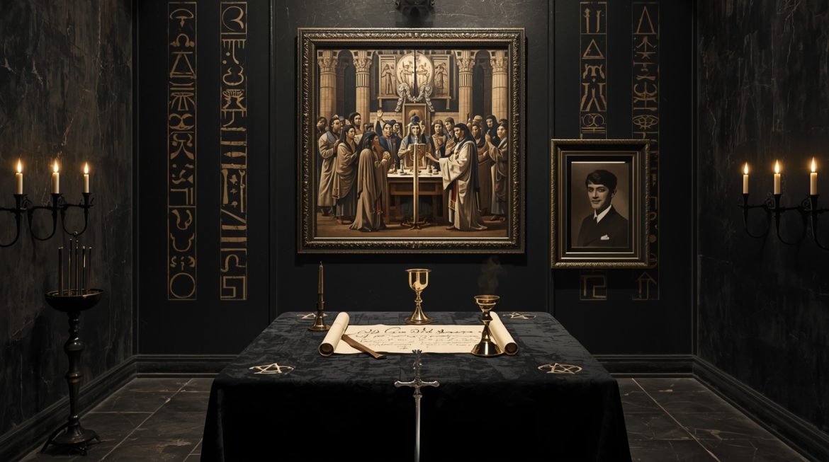 Магический алтарь Ордена Восточного Храма со свечами и оккультными символами