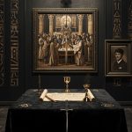 Магический алтарь Ордена Восточного Храма со свечами и оккультными символами