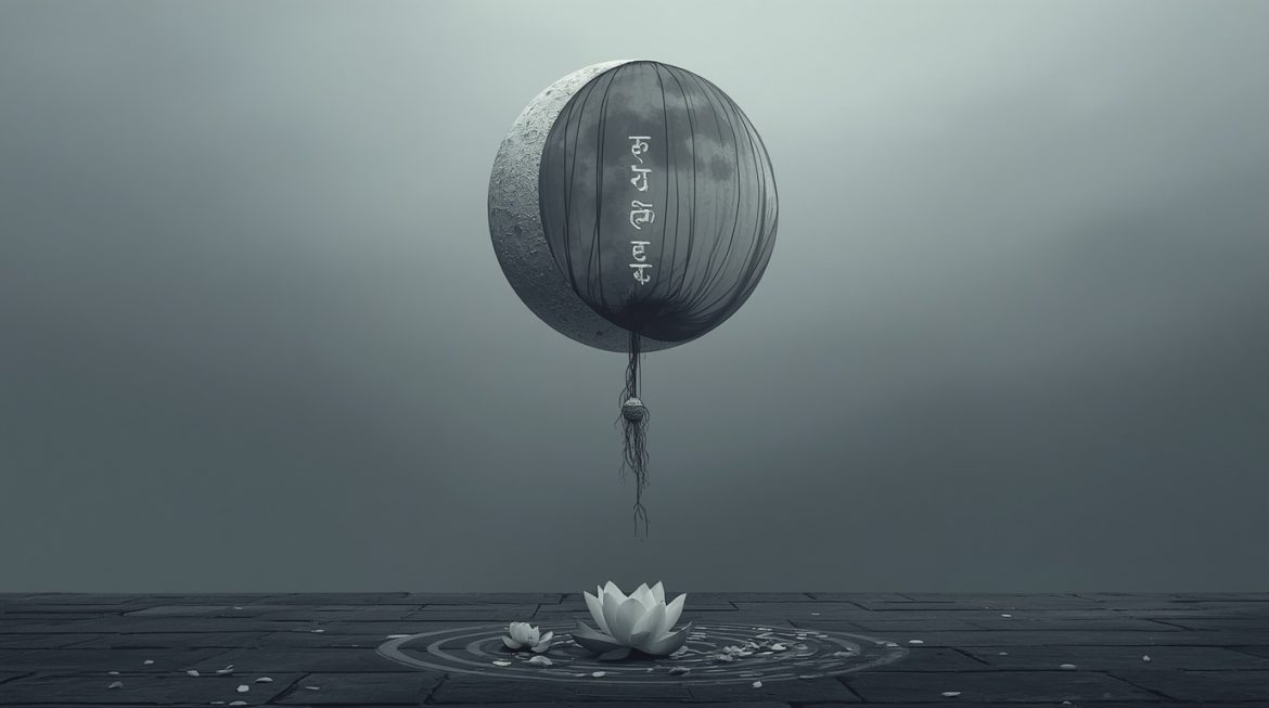 Антардаша Кету в маха-даше Луны — медитирующая женщина под лунным светом с ведическими символами