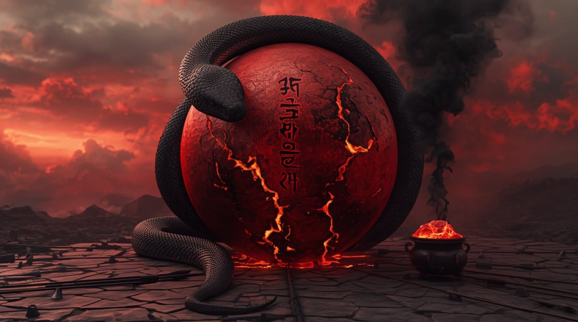 Антардаша Марса в маха-даше Раху — медитирующая фигура окружена энергиями Раху и Марса в ведической астрологии