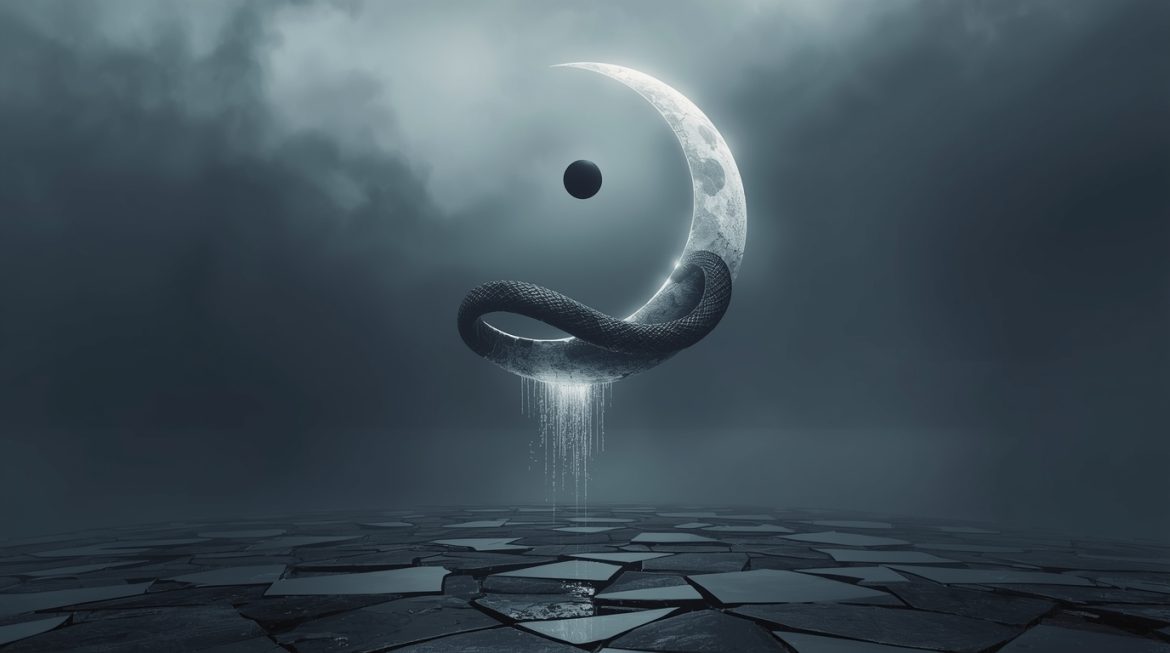 антардаша Раху и Луна — женщина в медитации под лунным светом, окутанным тенью узла Дракона, ведическая астрология