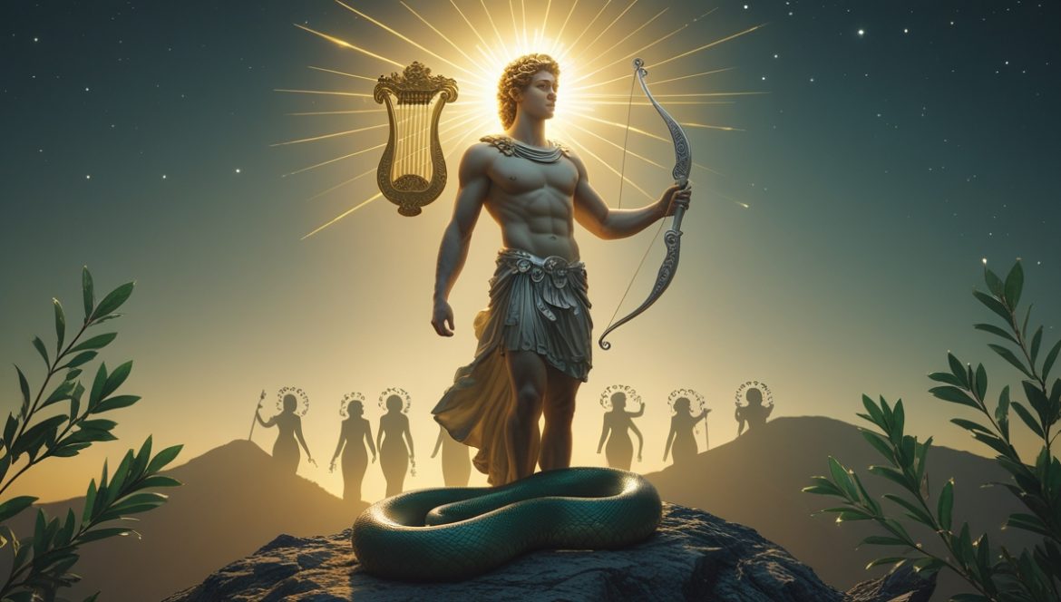 Аполлон — греческий бог света и музыки в античном храме с золотой лирой и лавровым венком