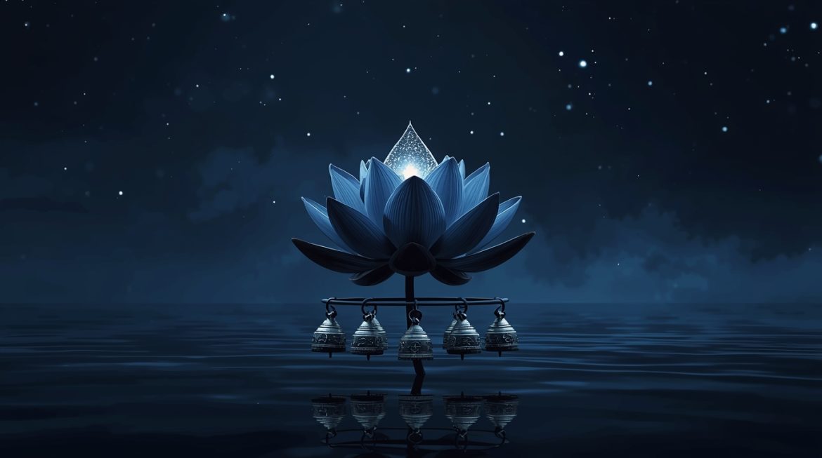 Ардра накшатра — медитирующая фигура в центре космического шторма под звездой Бетельгейзе, символ трансформации в ведической астрологии