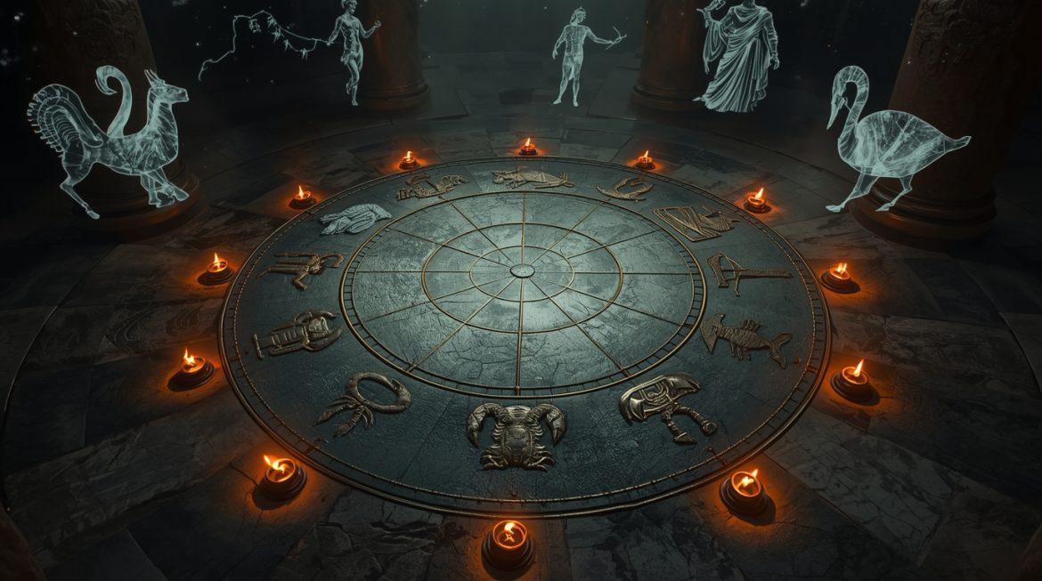 Архетипы двенадцати знаков зодиака — мифологические образы в круге зодиака на фоне звёздного неба