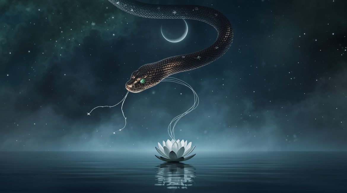 накшатра Ашлеша — золотая змея Нагов на фоне звёздного неба знака Рака, ведическая астрология