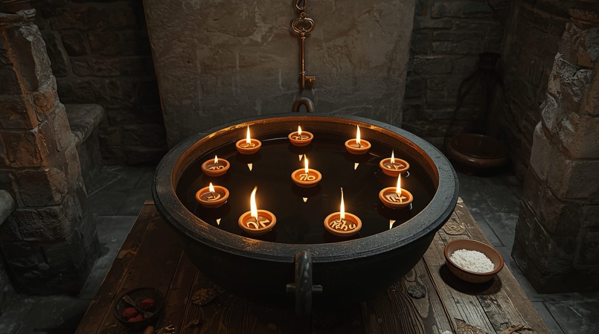 Ведический астролог изучает карту Аштакаварги с планетарными символами и знаками зодиака