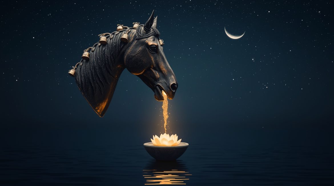 Ашвини накшатра — белый конь мчится к рассвету на фоне ведического звёздного неба и созвездия Овен