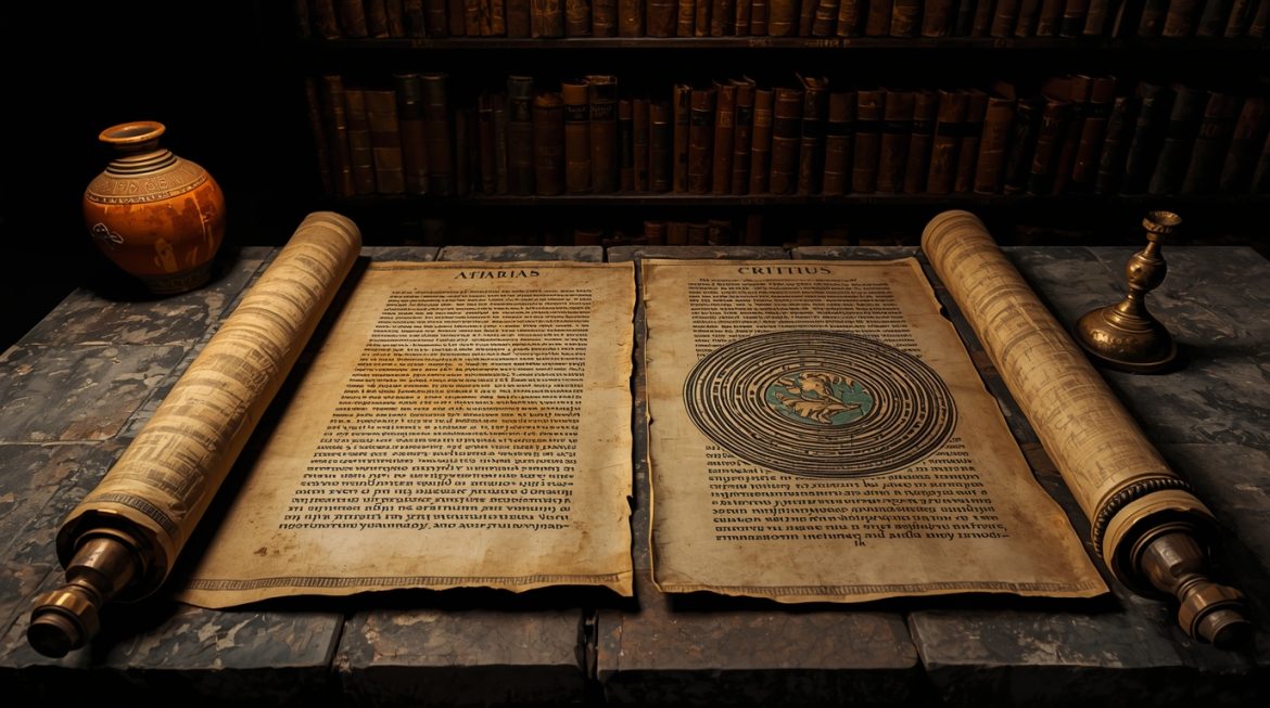 Атлантида — концентрические кольца острова с древнегреческим храмом Посейдона в центре, окружённого водой и буря на горизонте