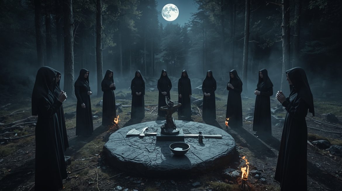 Дианическая викка — женщина проводит лунный ритуал под полнолунием в лесу