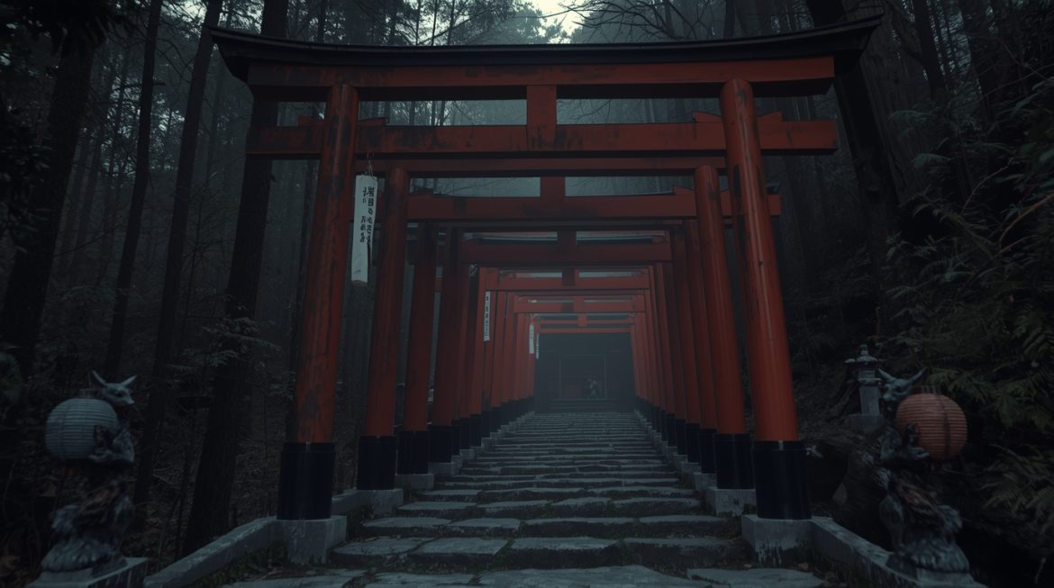 Красные ворота тории Фусими Инари в утреннем тумане — место силы в Японии