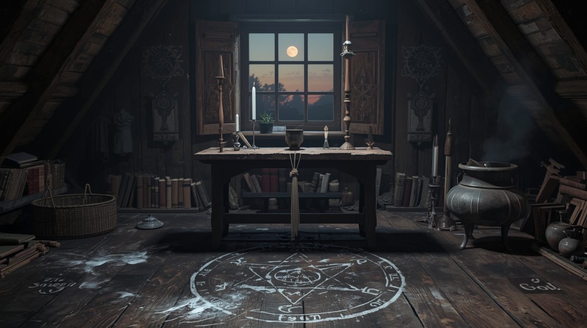 Ведьма в лесу с пентаграммой и свечами — гарднерианская викка ритуал