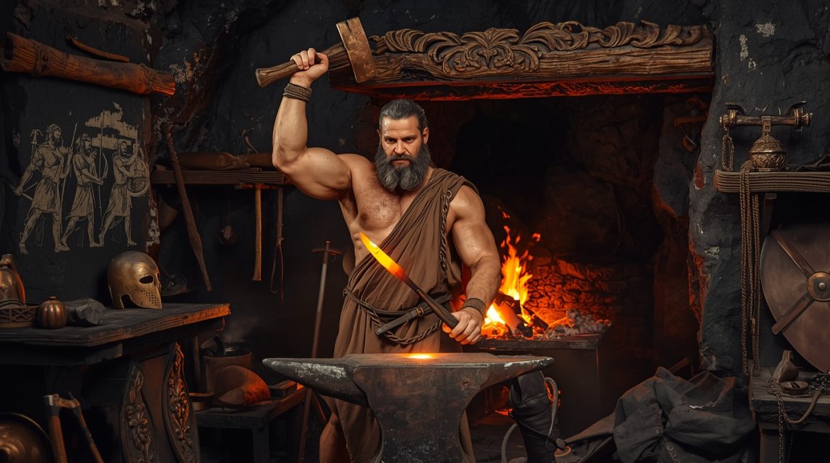 Гефест бог огня и кузнец Олимпа в своей мастерской с молотом и горном, греческая мифология