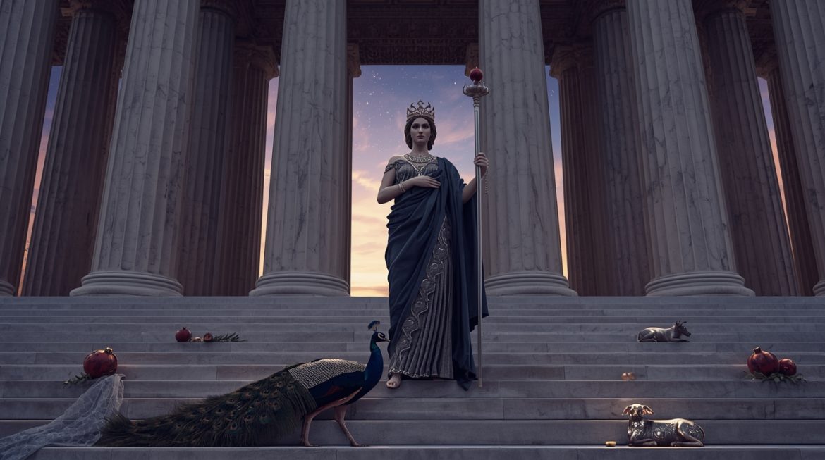 Гера — царица Олимпа, греческая богиня брака в золотой короне с павлином и гранатом