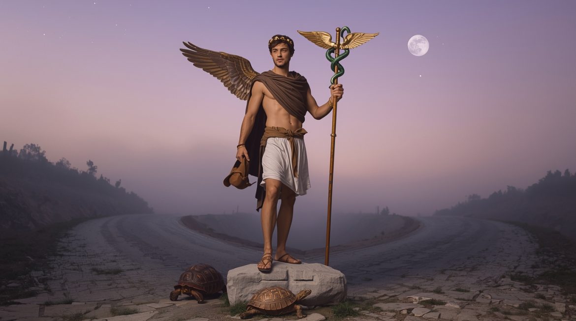 Гермес — крылатый вестник богов с кадуцеем на перекрёстке, греческая мифология