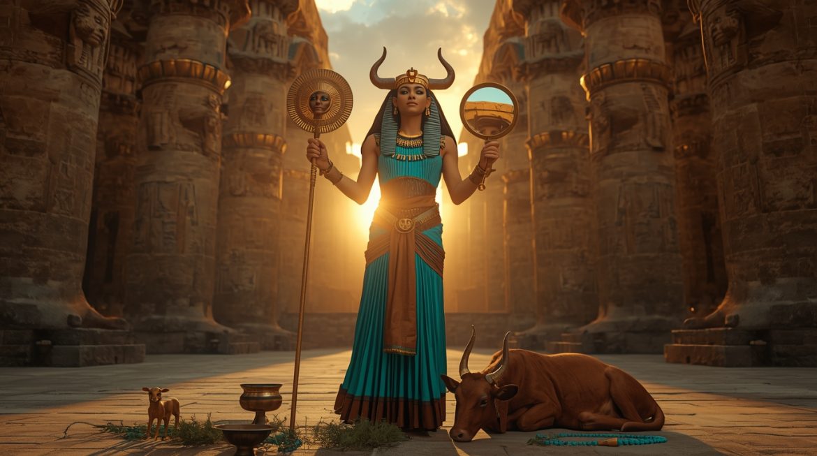 Богиня Хатхор с рогами коровы и солнечным диском, держащая систр и анкх, у берега Нила на фоне египетского храма