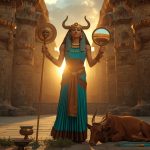 Богиня Хатхор с рогами коровы и солнечным диском, держащая систр и анкх, у берега Нила на фоне египетского храма