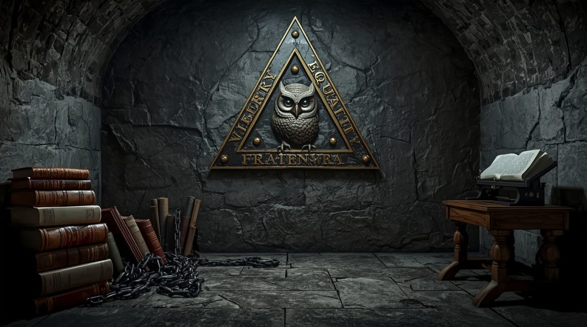 Философ-иллюминат XVIII века в тайном кабинете Баварского университета со свечой и совой Минервы — символ ордена Вейсгаупта